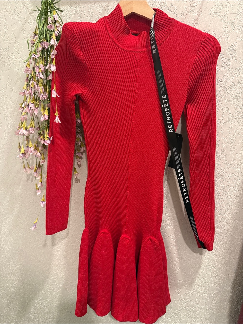 Retrofete Vibrant Red Ribbed Knit Fit-and-Flare Sweater Dress